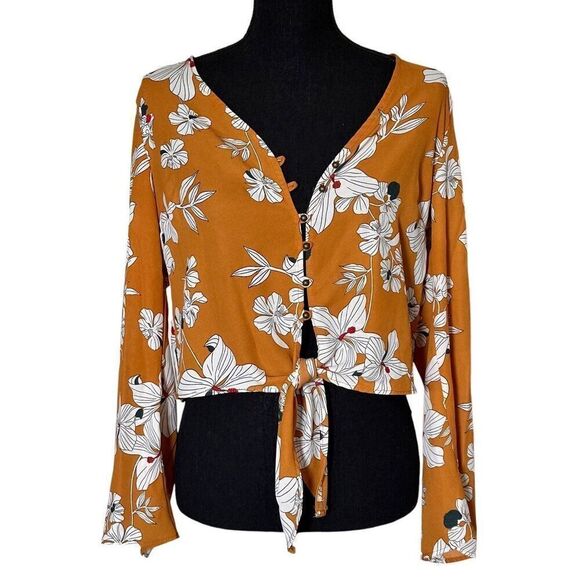 URBAN Romantics Tops - Urban Romantics Mustard Yellow Floral Pattern Button Up Blouse With Tie at Waist